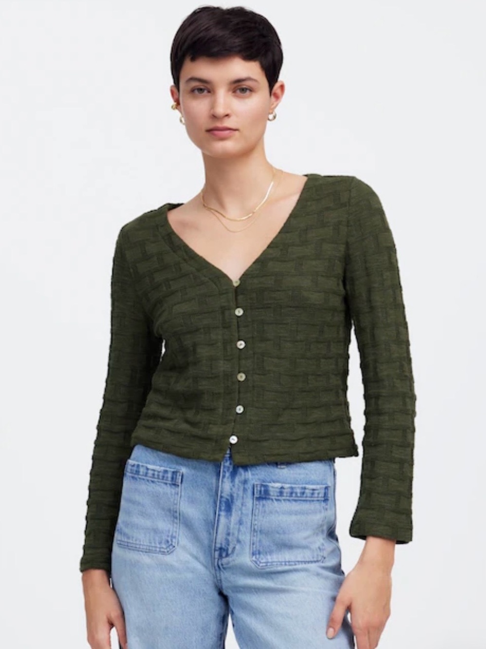 Madewell Dark Olive Basket-Weave Stitch Long-Sleeve Sweater